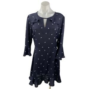 Xhilaration Blue Bird Print Ruffle Keyhole Long Sleeve Mini Flare A-Line Skirt M